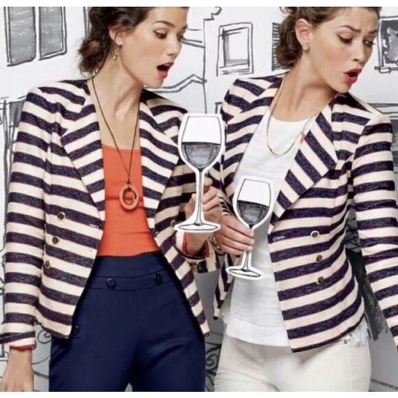 CAbi Women Cruise Jacket small Nautical Stripe Blazer  Cream/Navy Size 6 - Picture 1 of 12